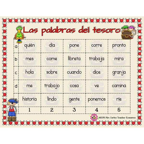Las Palabras del Tesoro- Spanish High Frequency Words Game for first grade
